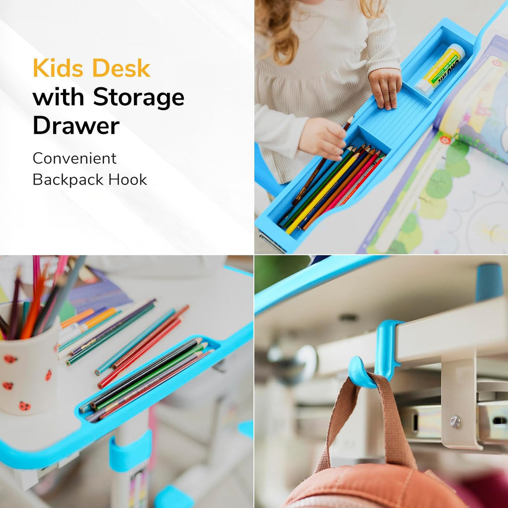 Kids Desk and Chair Set, Height Adjustable Sturdy, Kid Study Workstation and Chair Set for Boys, Home School, Arts