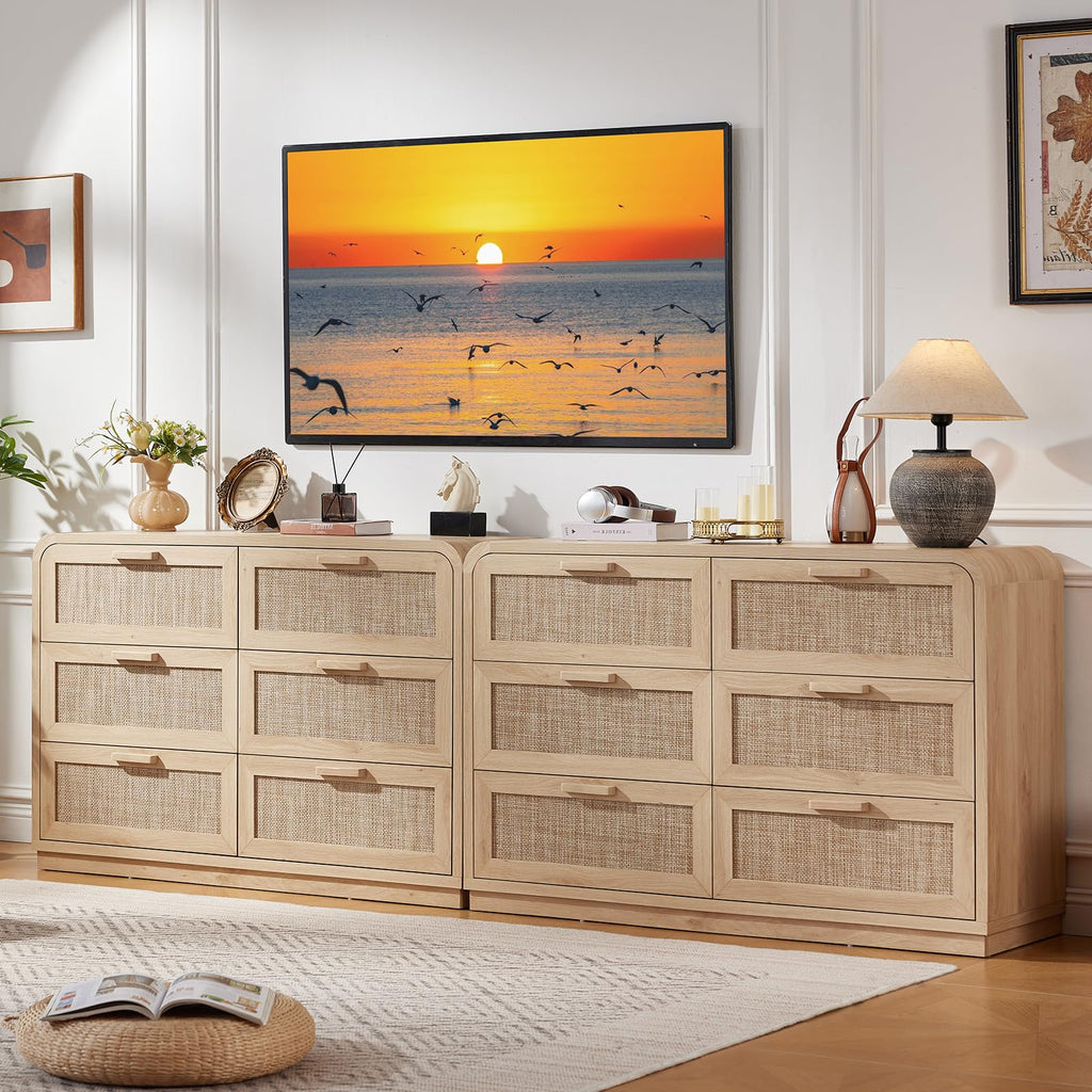 Rattan 6 Drawer Dresser, Natural Wood