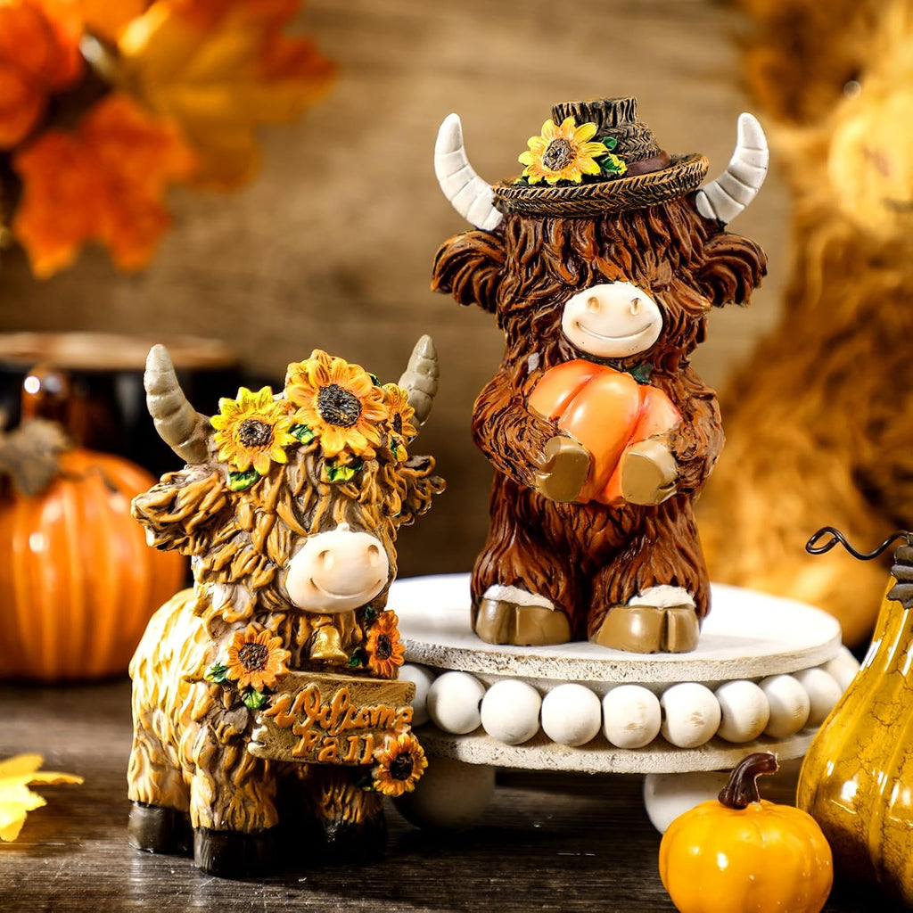Fall Highland Cow Figurines Decor, Resin Fall Table Decor - Set of 2