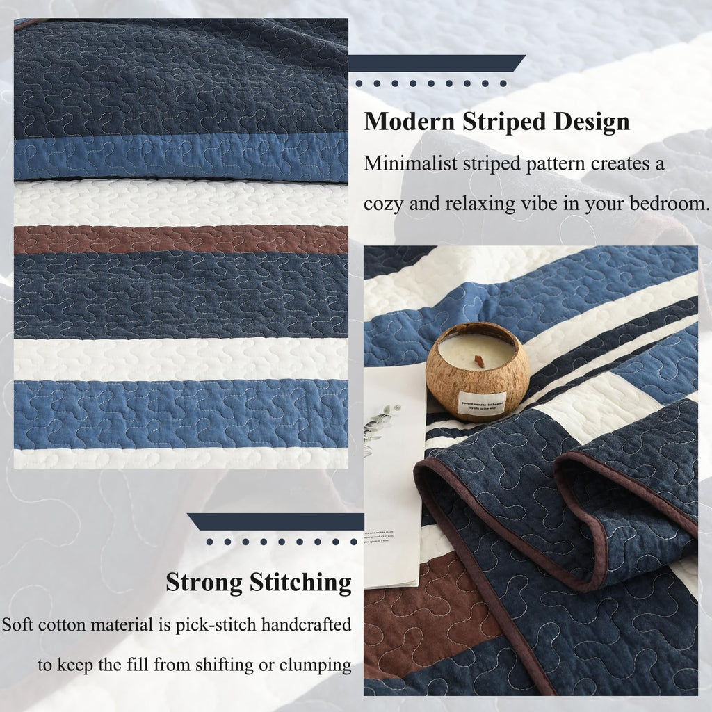 Quilts, Blue Brown/Cream Striped Design Quilt Set