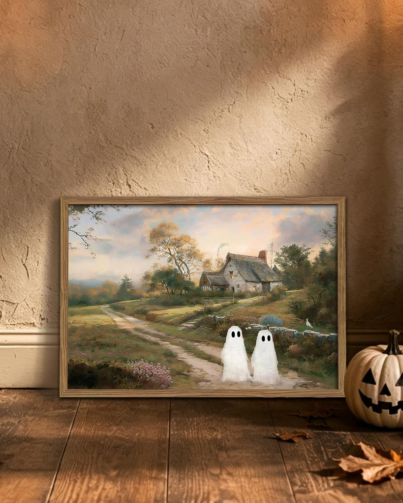 Vintage Landscape Ghost Wall Art, Gothic Halloween Cute Ghost Canvas Wall Decor Painting, Retro Rustic Cottage