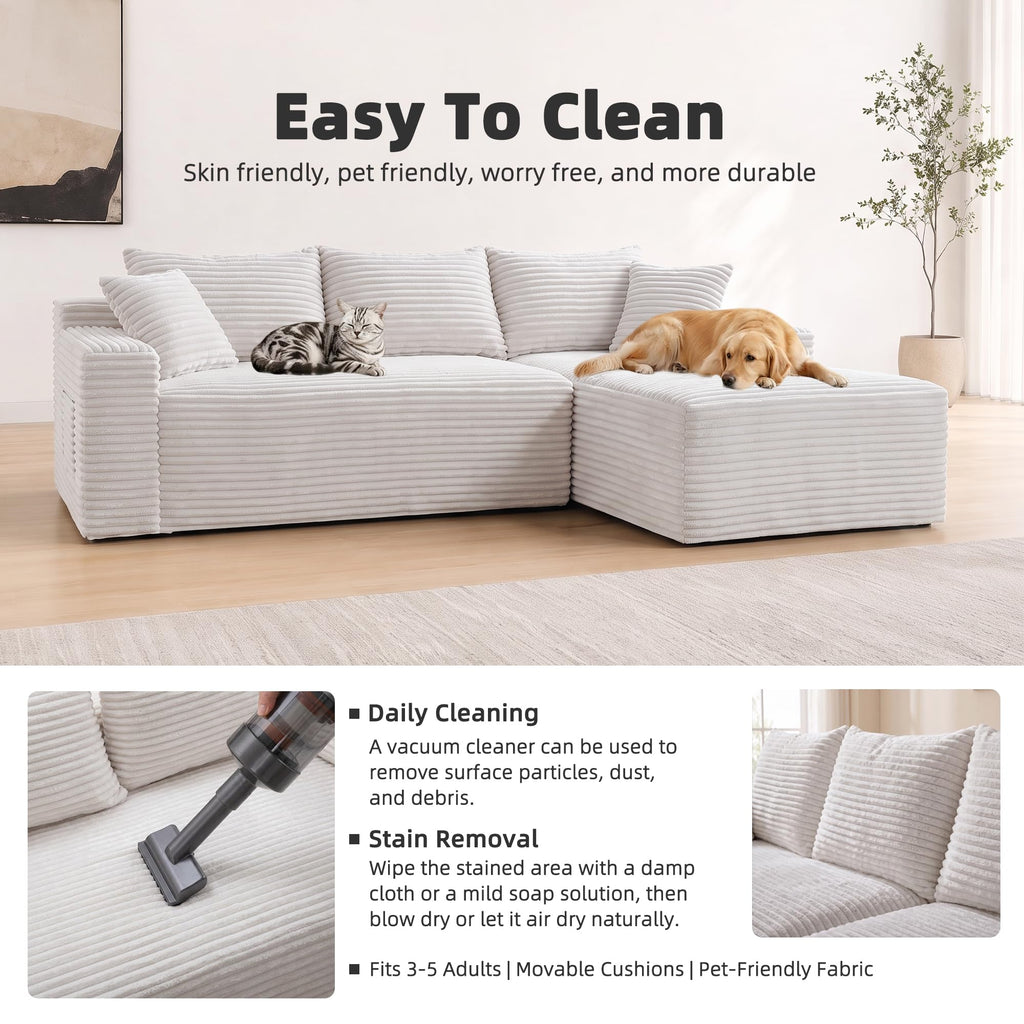 95" L‐Shaped Modular Cloud Corduroy Boneless Sectional Sofa