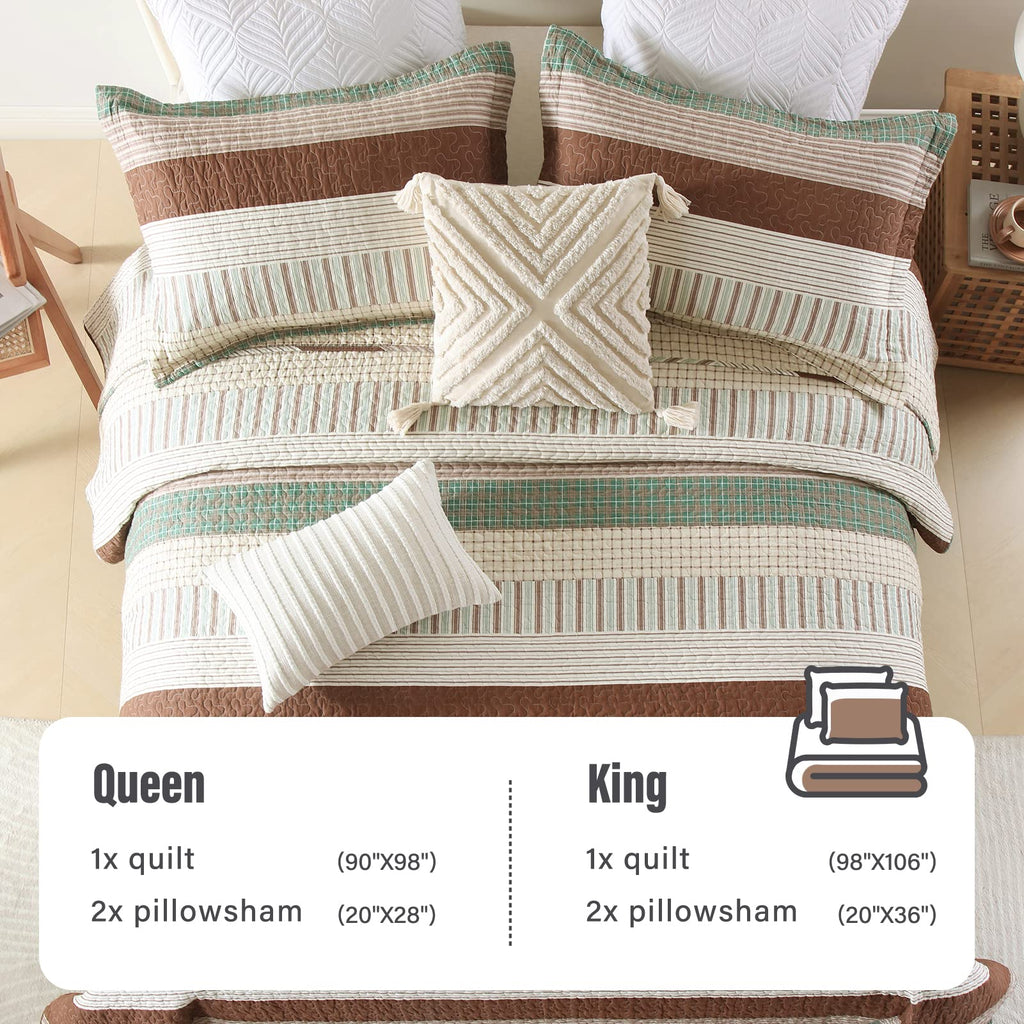 100% Cotton Quilt 3 Piece Farmhouse Striped Bedspread