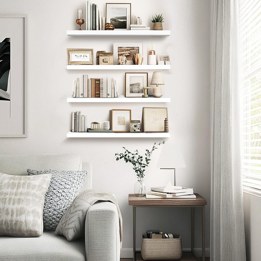 16x5.8x0.8in Floating Wall Shelves Rustic Solid Wood 4-Pack, White