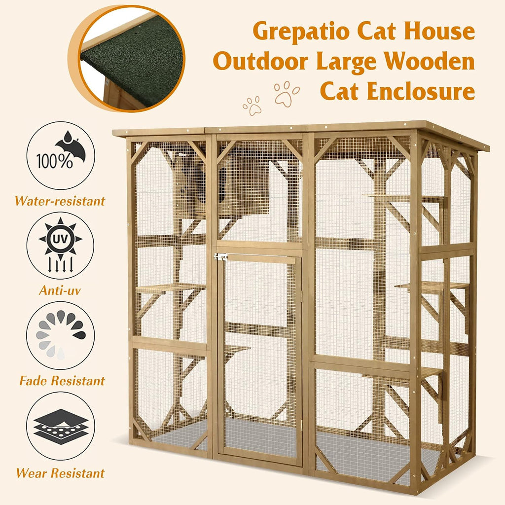 Cat Enclosure Large Outdoor Catio Wooden Cat House with Weatherproof, Cat Cage Condo Indoor Playpen with Platform