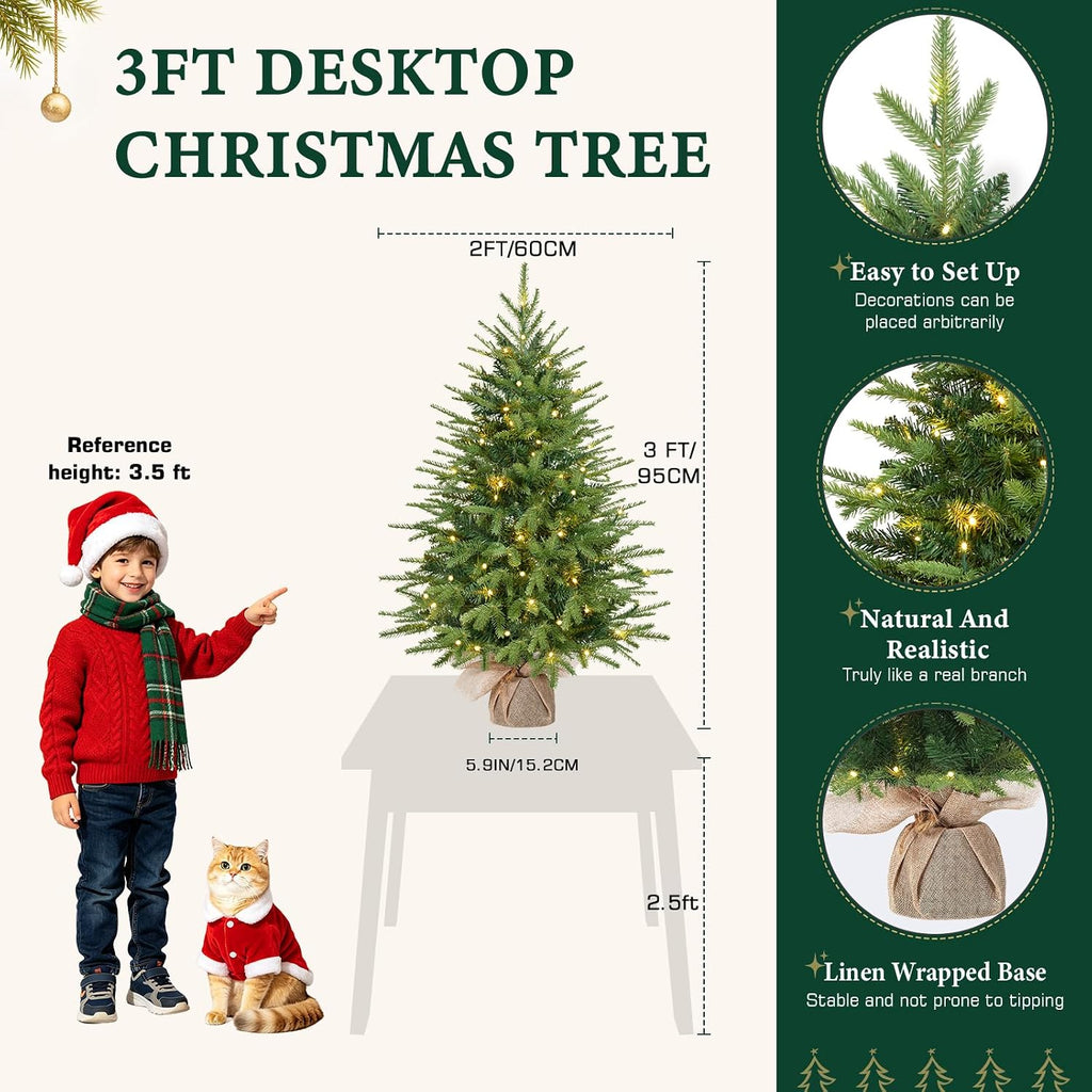 3ft Prelit Artificial Mini Christmas Tree for Tabletop Desk Decor