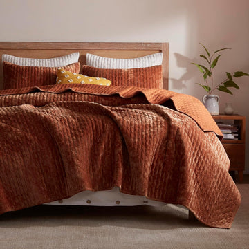 Velvet Quilt King 98''x106'', Lightweight Burnt Orange Velvet Comforter Set with 2 Matching Shams, Soft Cross Stitch