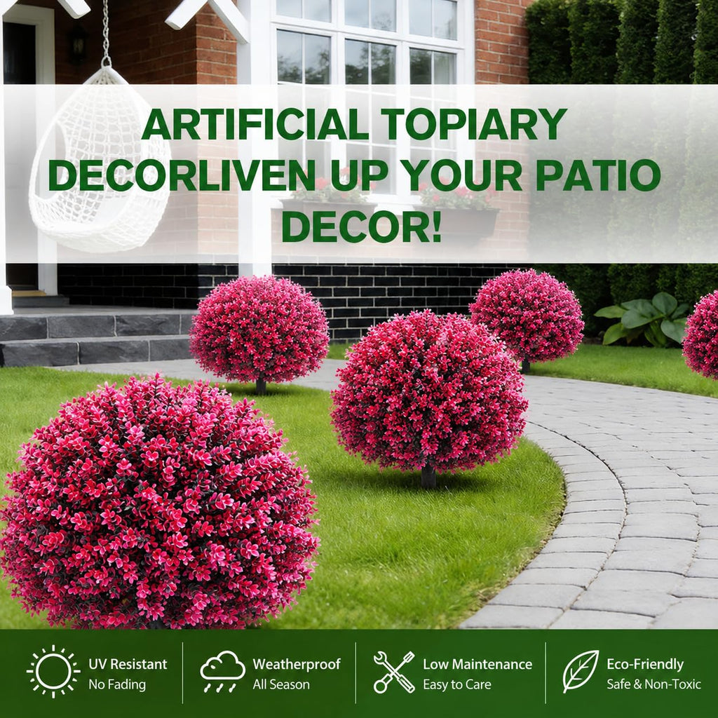 Artificial Cedar Eucalyptus Ball Trees 25" Set of 2, UV Resistant Faux Boxwood Plants with Ground Spikes for Outdoor