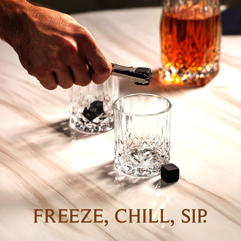 Whiskey Decanter Set - Elegant 24oz Crystal Glasses, Rustic Wood Stand, 6 Chilling Stones, Metal Tongs, Recipe Cards