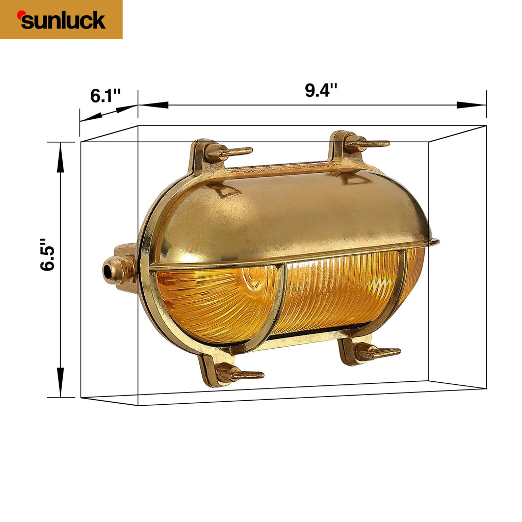 Brass Nautical Bulkhead Light, Grid Oval Wall Light, Brass Half Cover Lampshade, Ceiling Mount Light, Waterproof
