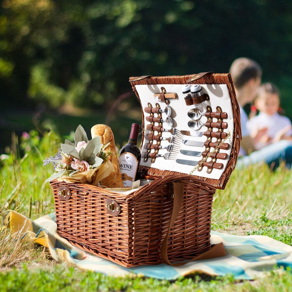 Picnic Basket for 4 People - 18.1 x 12.2 x 10.2 Inches, Brown, Classic - Complete Wicker Picnic Basket Set with