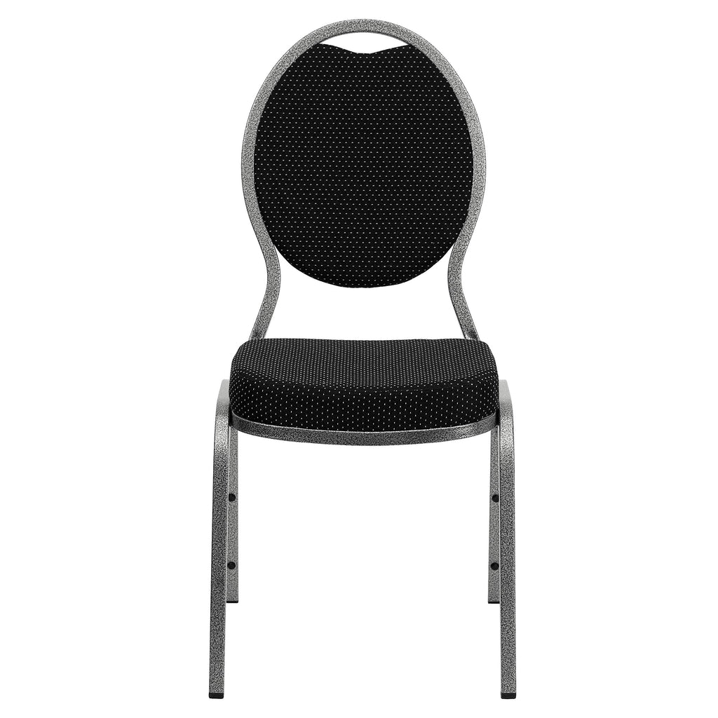 4 Pack HERCULES Series Teardrop Back Stacking Banquet Chair in Black Patterned Fabric - Silver Vein Frame