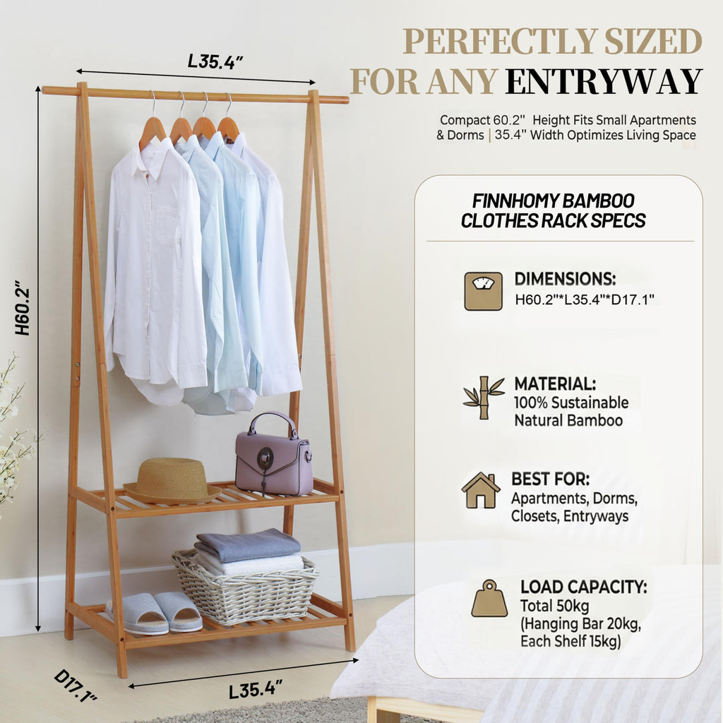 Bamboo Clothes Rack Portable Extra Large Garment Rack 2-Tire Storage Box Shelves and Bed Room Patented Design