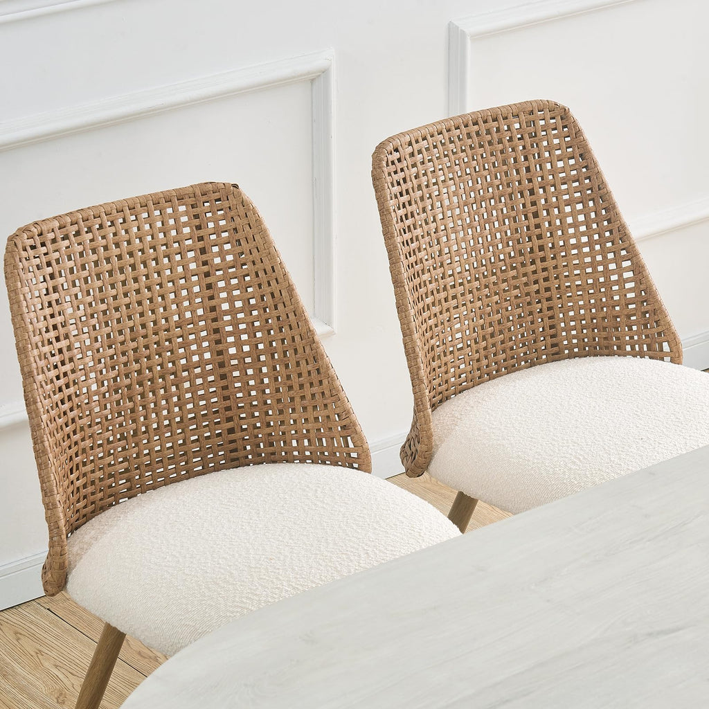 Rattan Dining Chairs Set of 4, Wicker Dining Chairs, Cane Back Dining Chairs with Woven PE Rattan Backrest and Boucle