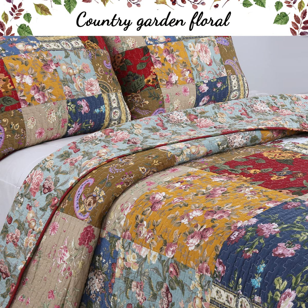 100% Cotton Hand Piecing Real Patchwork Floral Plaid Country Farmhouse Reversible Quilt Bedding Set Coverlet
