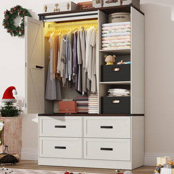 Farmhouse 3 Doors Armoire Wardrobe Closet w/Folding Sliding Barn Door and Lights, LED Armoire Closet w/Drawers