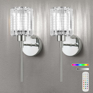 2-Pack Crystal Battery Operated Wall Sconces, Chrome Rechargeable Wireless Wall Sconce Lights with Dimmable Bulbs and