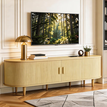 70" TV Stand with Sliding Doors, Mid Century Modern Entertainment Center, TV Console with Fluted Door Cabinets and