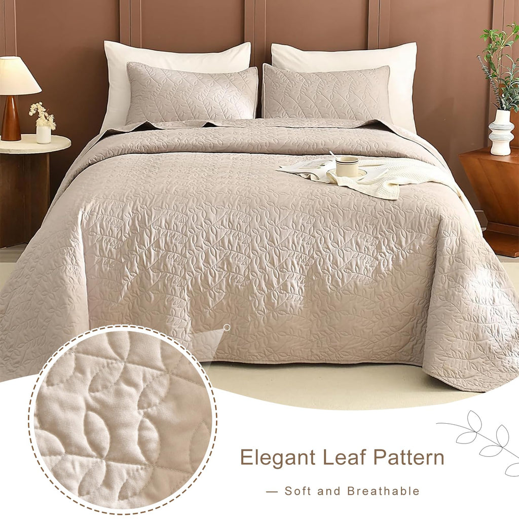 Queen Bedspreads 102x118 Leaves Pattern Printed Bedspreads & Coverlets, 3 Pcs Linen Feel Queen Quilt Set Lightweight