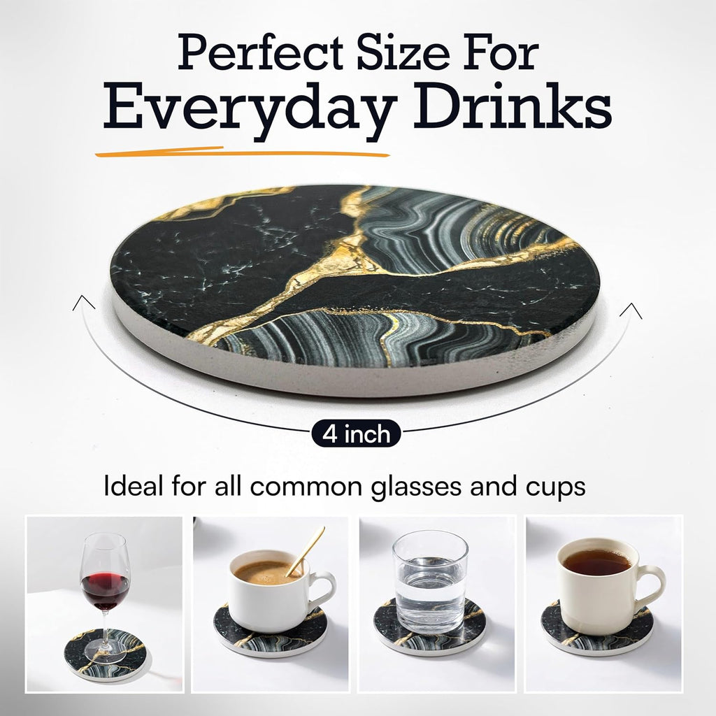 Elegant Black & Gold Marble Ceramic Coasters with Gold Metal Holder - Round Drink Coasters for Coffee - Set of 6