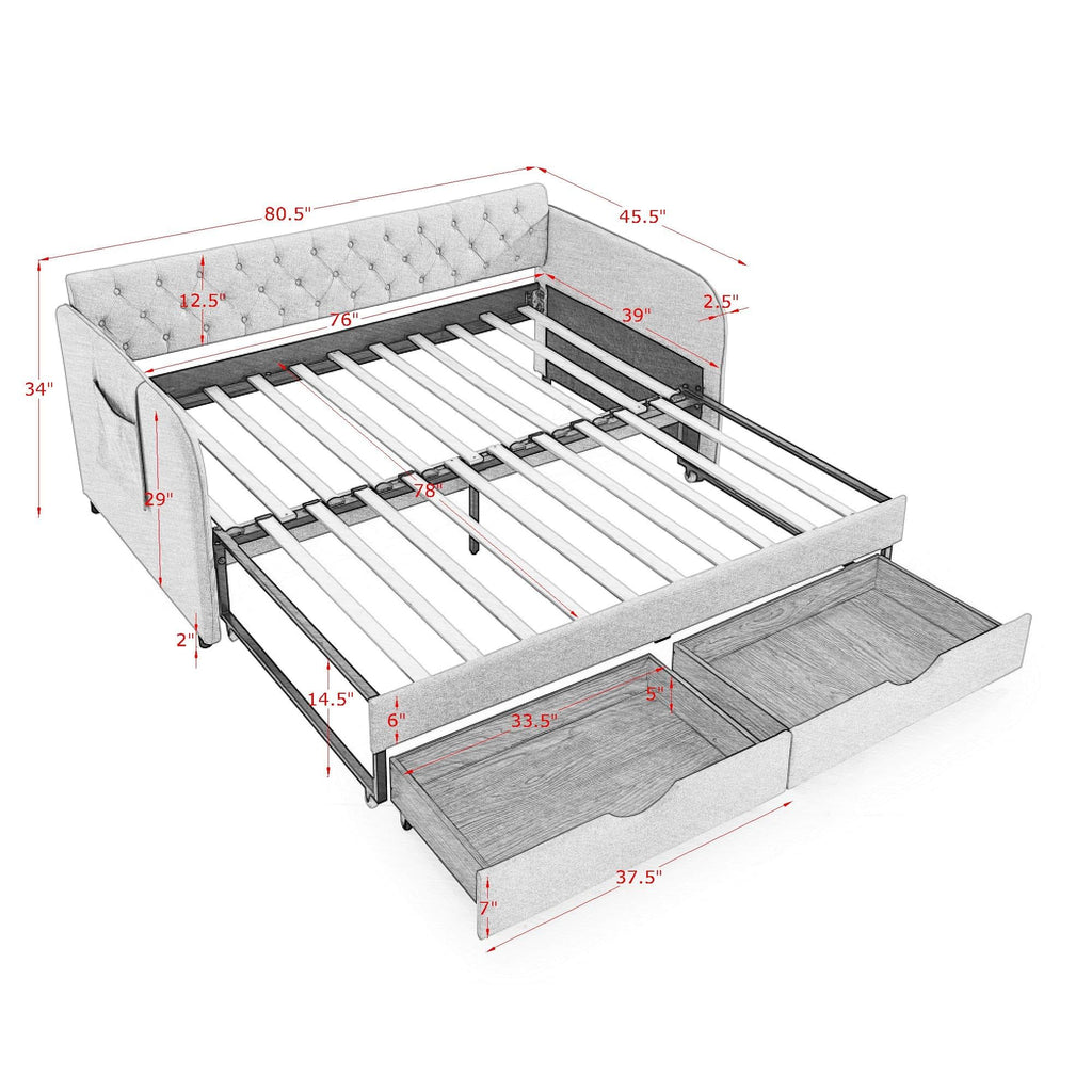 Twin to King Daybed Frame with Two Storage Drawers, Modern Upholstered Button Tufted Day Bed Nailhead Trim and Wood