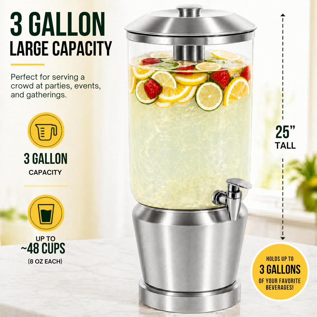 Drink Dispenser with Ice Chambers, Lemonade Tea Water Dispenser with Spigot, Stainless Steel Beverage Jar Jug
