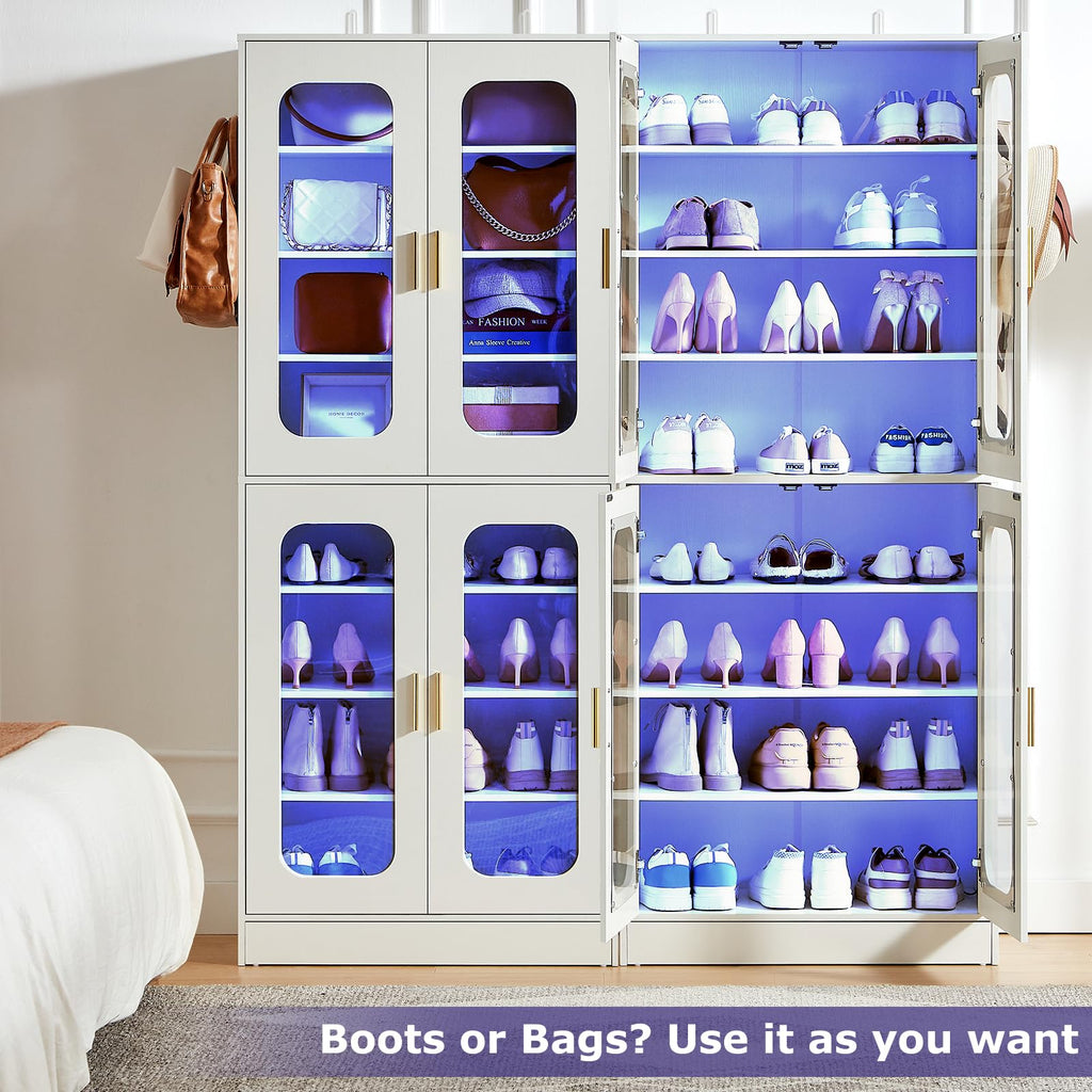 Tall LED Shoe Cabinet with Adjustable Shelves, White