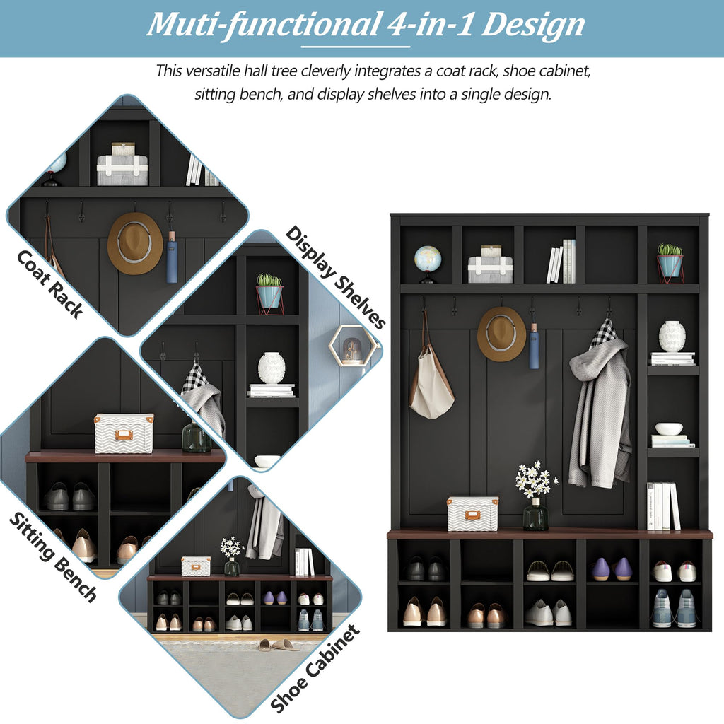 Hall Tree with Bench & Shoe Storage, Farmhouse Wood Coat Rack, Black