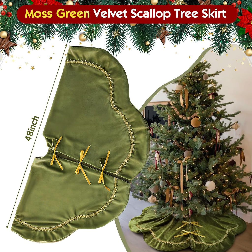 Christmas Tree Skirt 48 Inch Moss Green Velvet Fur Scallop Tree Skirt Sparking Gold Lace Trim for Party Rustic Xmas