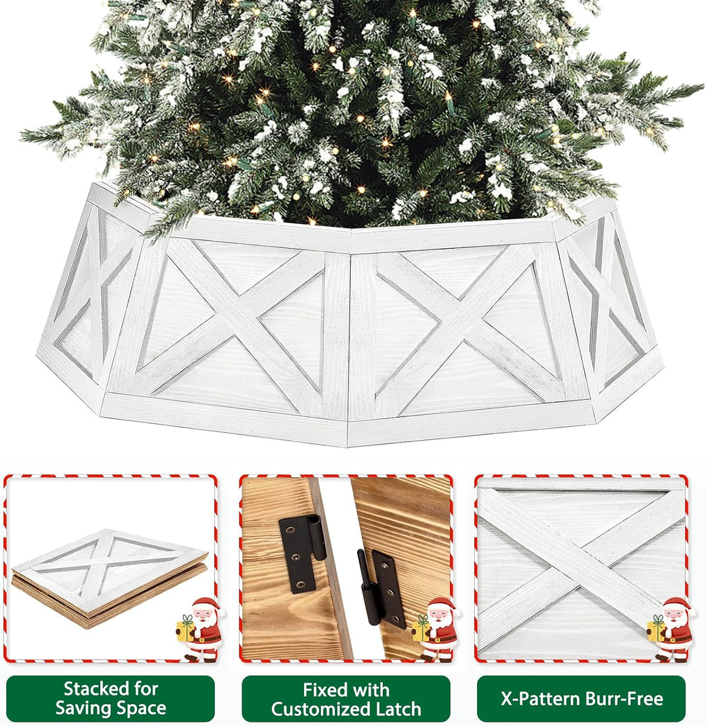 Wooden Christmas Tree Collar, 8 Panels 29'' Octagon White Christmas Tree Base Cover Decor for Artificial Tree, Rustic