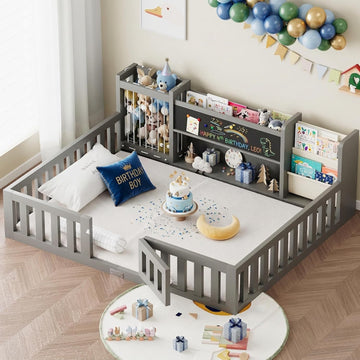 Montessori Wood Toddler Floor Bed with Blackboard & Bookshelf (Gray )
