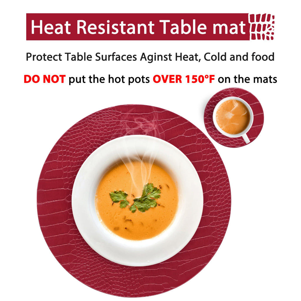 Round Leather Placemats for Round Tables Set of 8, Red Place Mats and Coasters, Wipeable Waterproof Heat Resistant