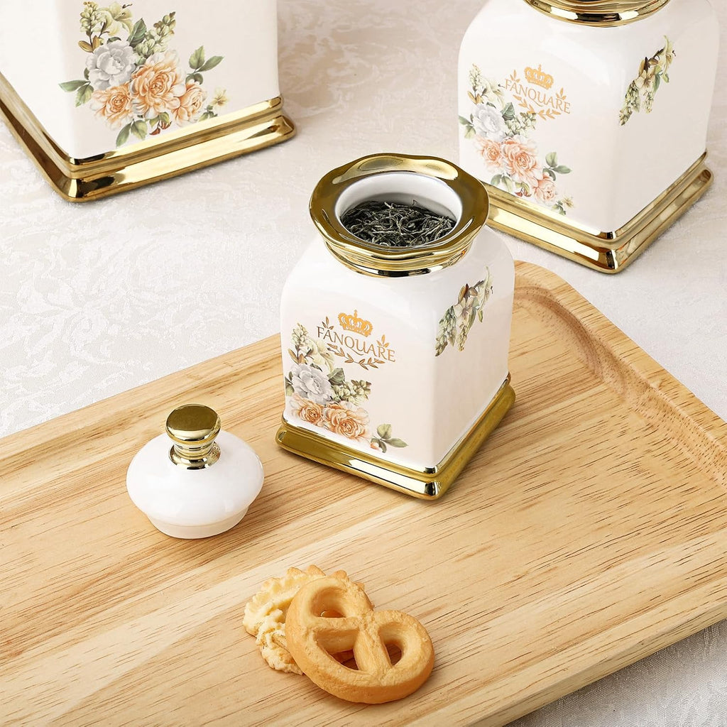 Floral Canisters with Gold Trim, Ceramic Decorative Countertop Jars, Farmhouse Porcelain Cookie Jar and Sugar Bowl - Set of 32
