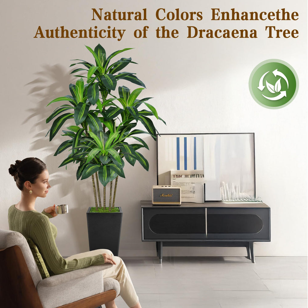 6FT Artificial Dracaena Tree with Tall Black Planter, Floor Plant