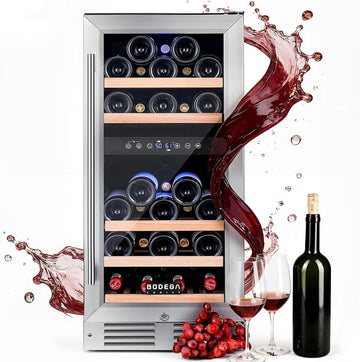 15” Wine Cooler, 30 Bottle Dual Zone Wine Fridge With Double-Layer Glass Door, Freestanding or Built