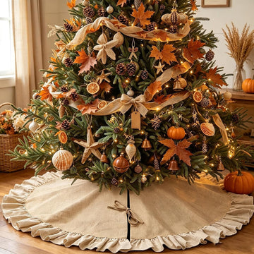 Fall Burlap Tree Skirt with Ruffle, 48 inch Linen Christmas Tree Decoration