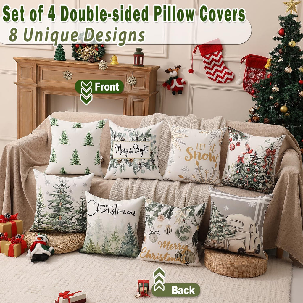 Double-Sided Print Christmas Pillow Covers 18"x18", 8 Cute Christmas Patterns, Tree, Merry Christmas, Truck - Set of 4
