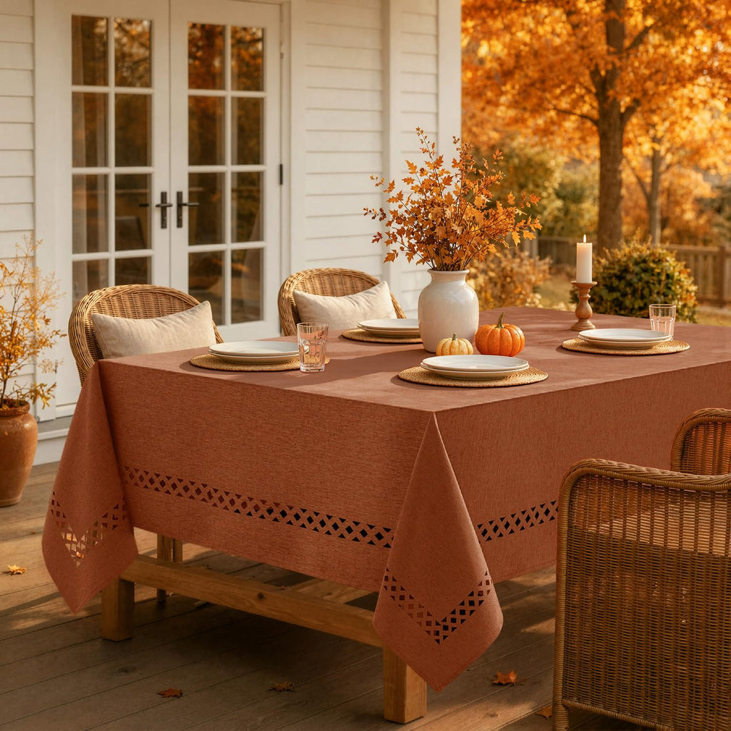Rust Fall Rectangle Tablecloth with Decorative Cutouts 60x84 Inch