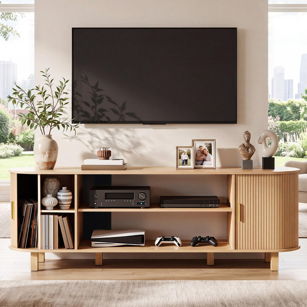 70" Mid Century TV Stand with Fluted Sliding Doors, Natural Oak
