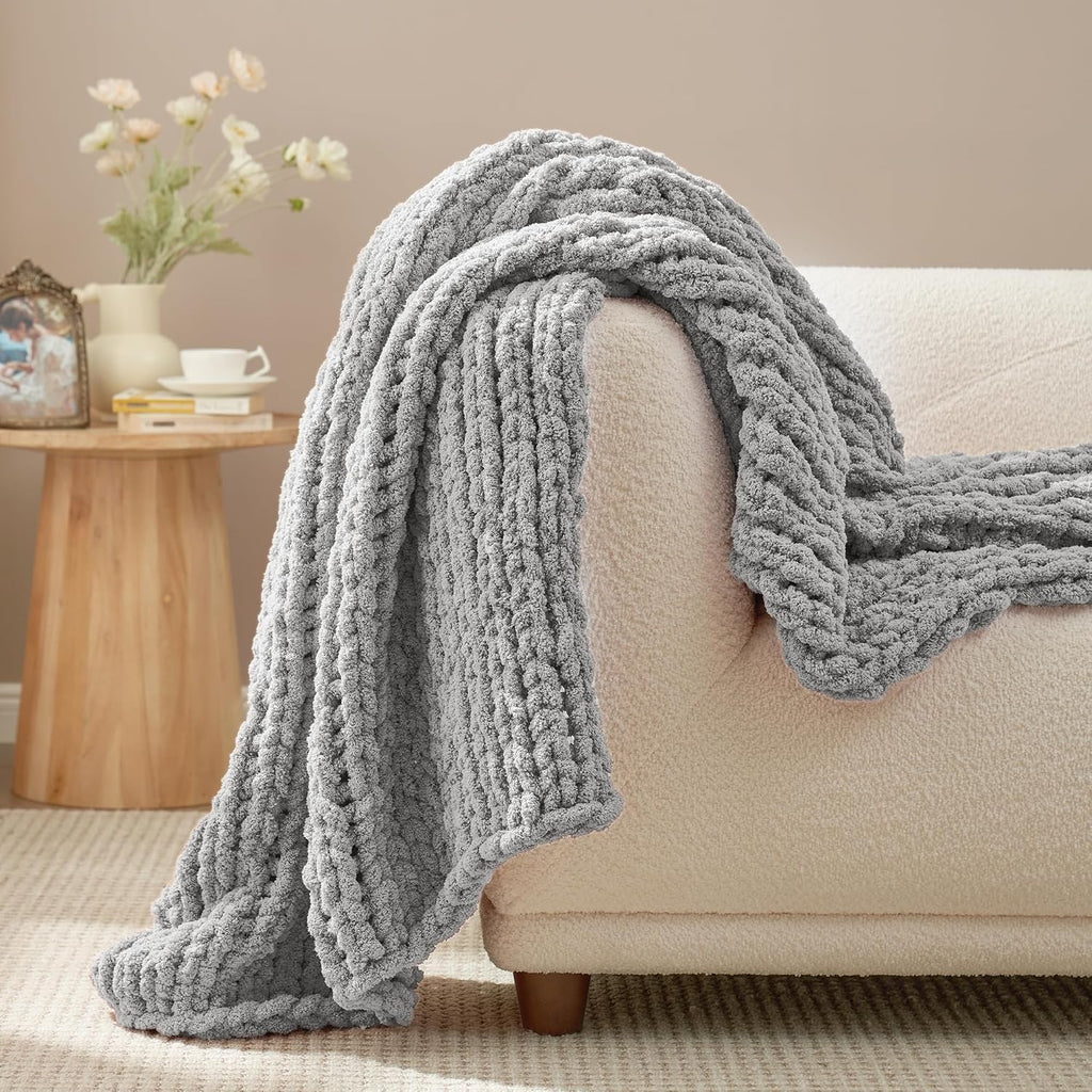 Chenille Chunky Knit Throw Blanket 50"x60", Light Grey