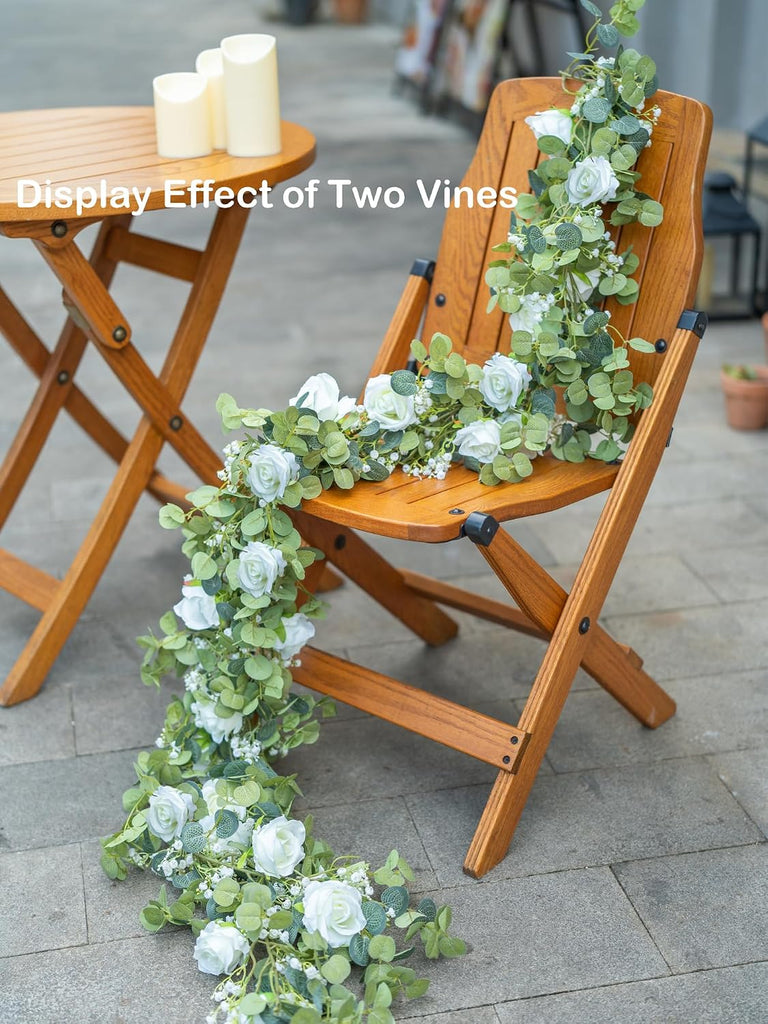 6FT Artificial Eucalyptus White Flower Garland with Roses & Baby's Breath