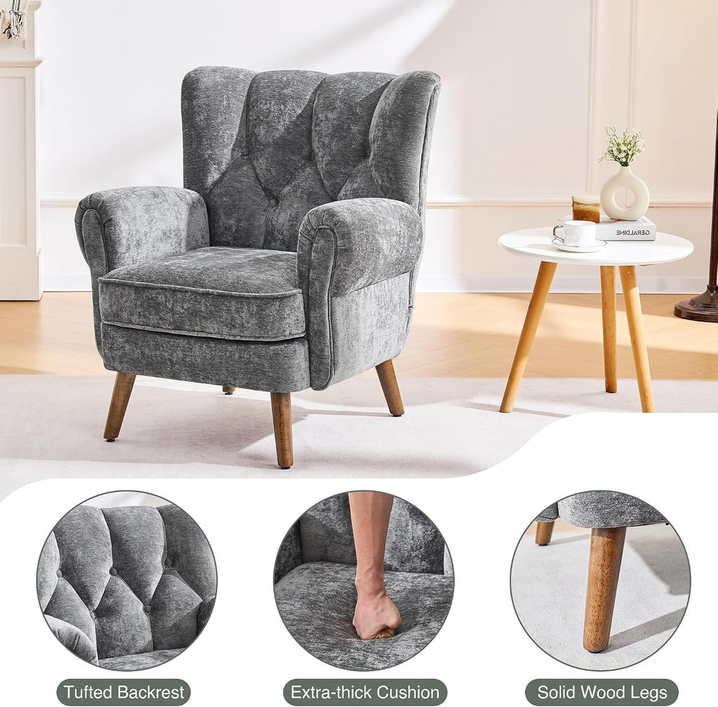 Wingback Accent Chairs , Mid-Century Modern Living Room Chairs, Wingback Reading Chair, Chenille Tufted Upholstered