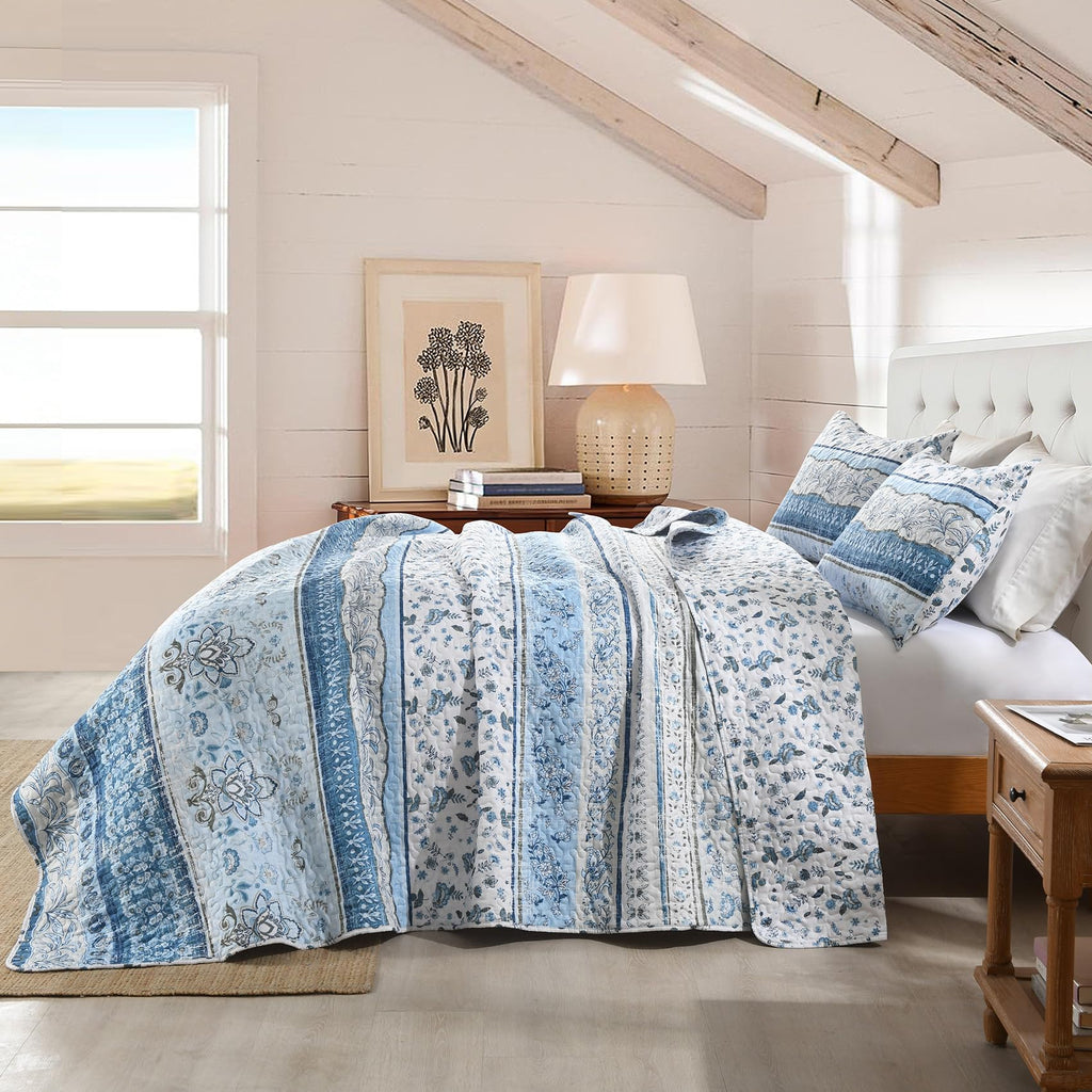 Boho Quilt Blue Bohemian Floral Quilt Bedding Set, Soft Lightweight Comforter Set for All Season