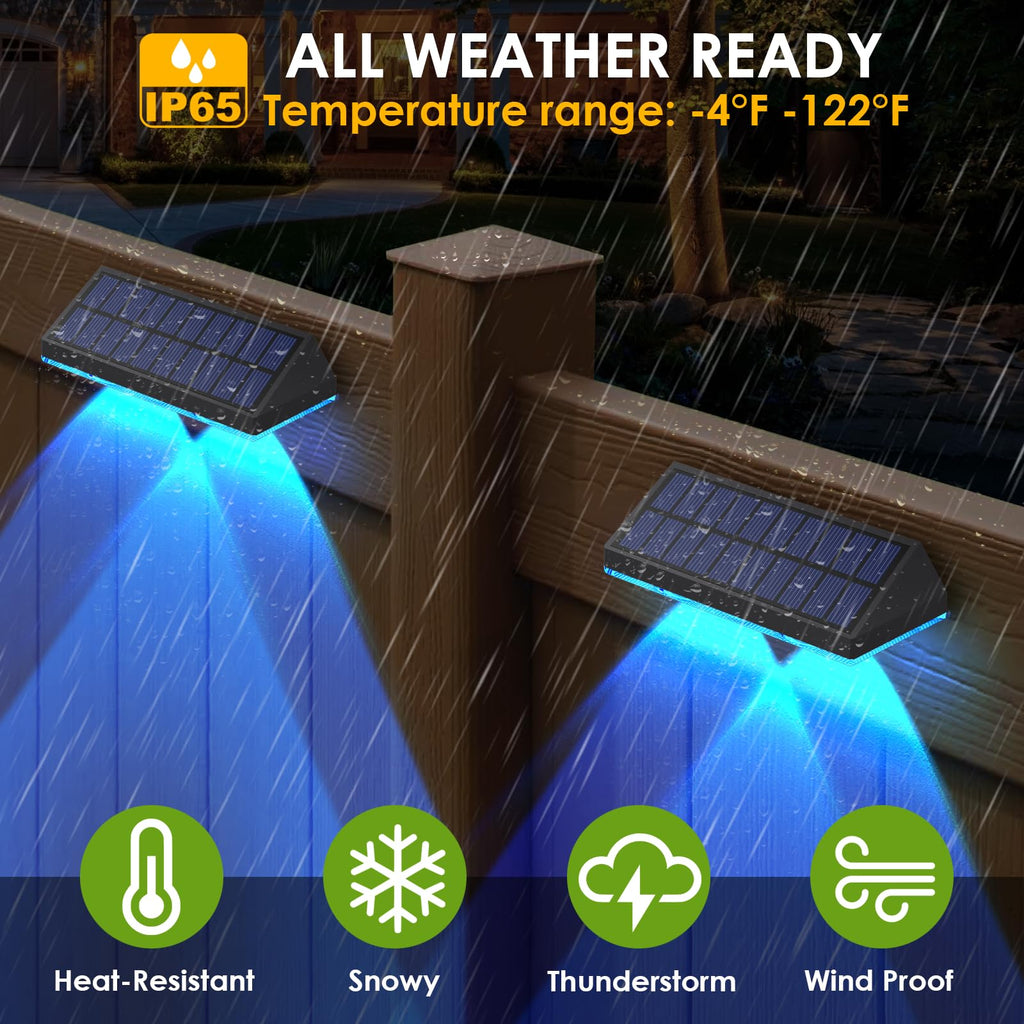 Solar Fence Lights Outdoor - Warm White & RGB 6 Color, Dusk to Dawn Solar Deck Light, Solar Lights Outdoor IP65