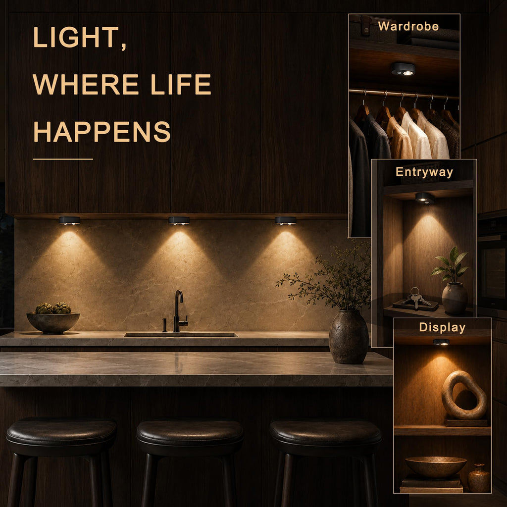 Rechargeable Under Cabinet Lighting: 3-Pack Motion Sensor Puck Lights with Remote, Dimmable Motion Sensor Lights