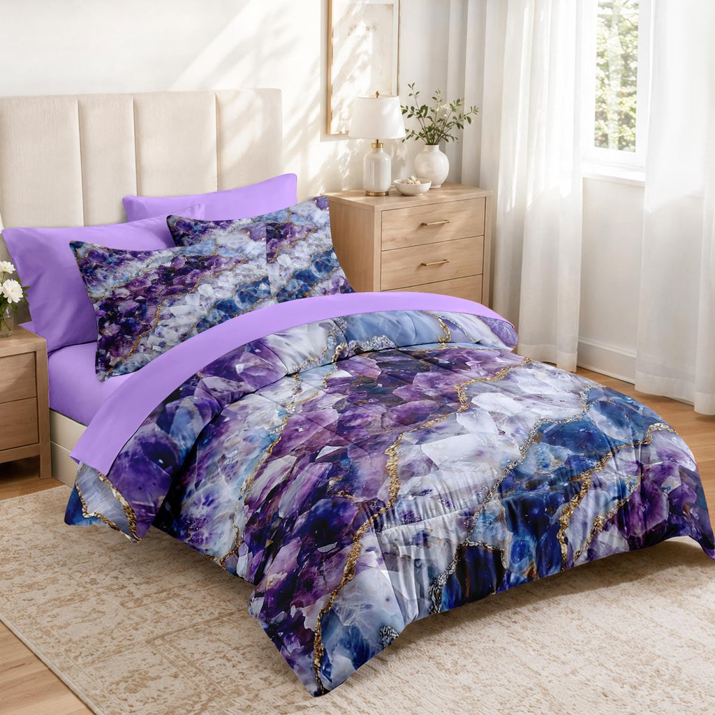 King Comforter Set with Sheets, 7 Pieces Crystal Purple Bedding