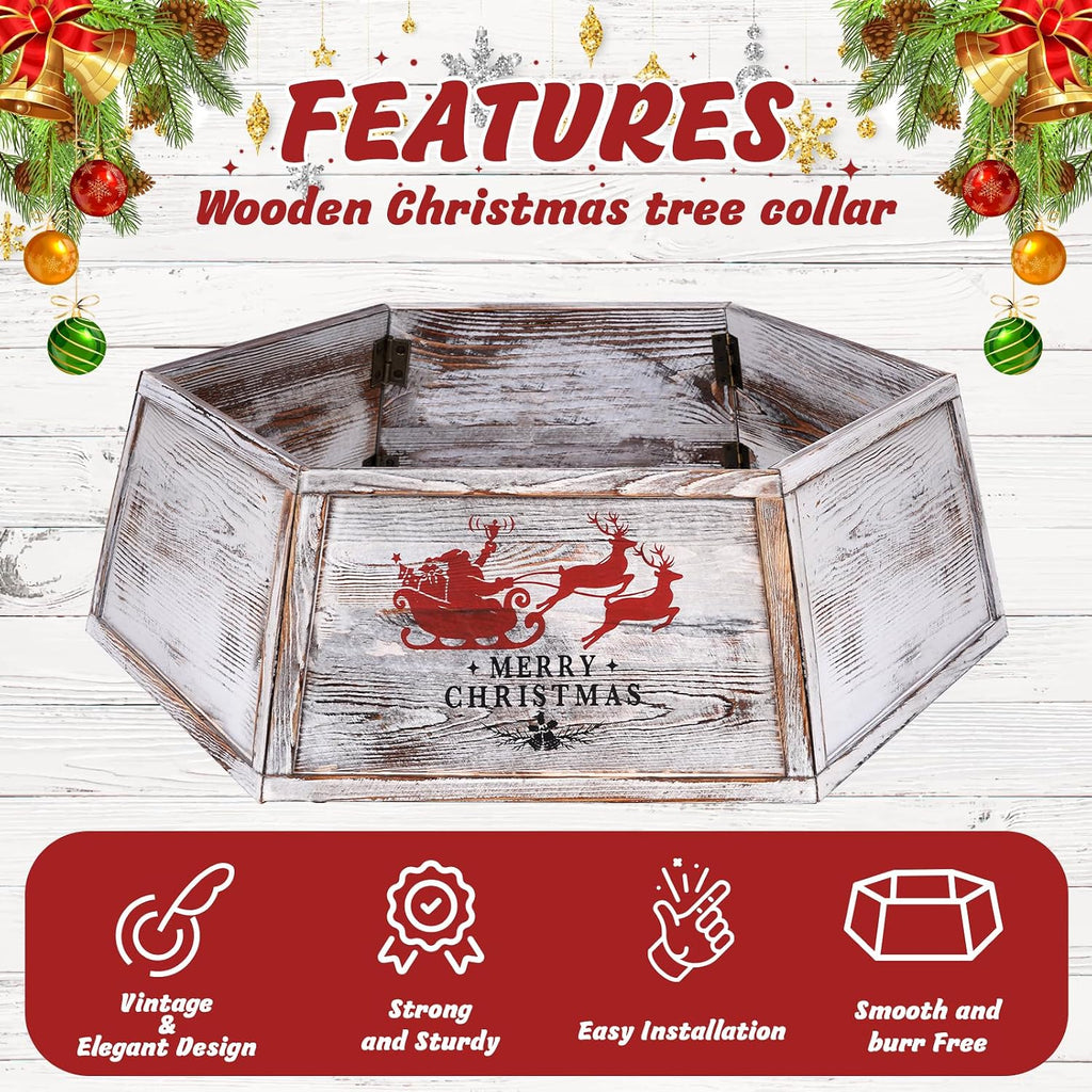 Wood Christmas Tree Collar, 30.7" Natural Wooden Christmas Tree Stand Cover, Hexagon Tree Base Cover, Rustic