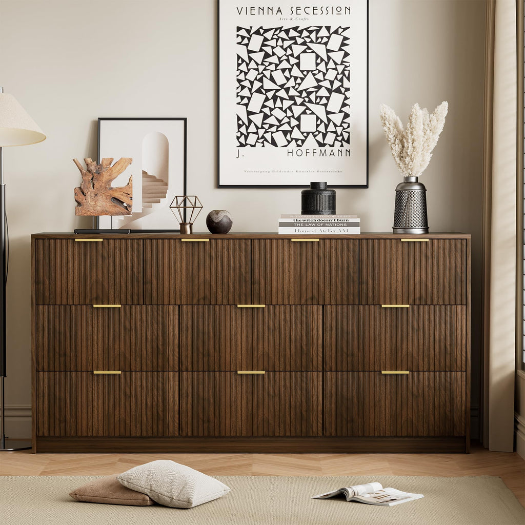 Walnut 10 Drawer Dresser, 63" Wide Fluted Wood Dresser
