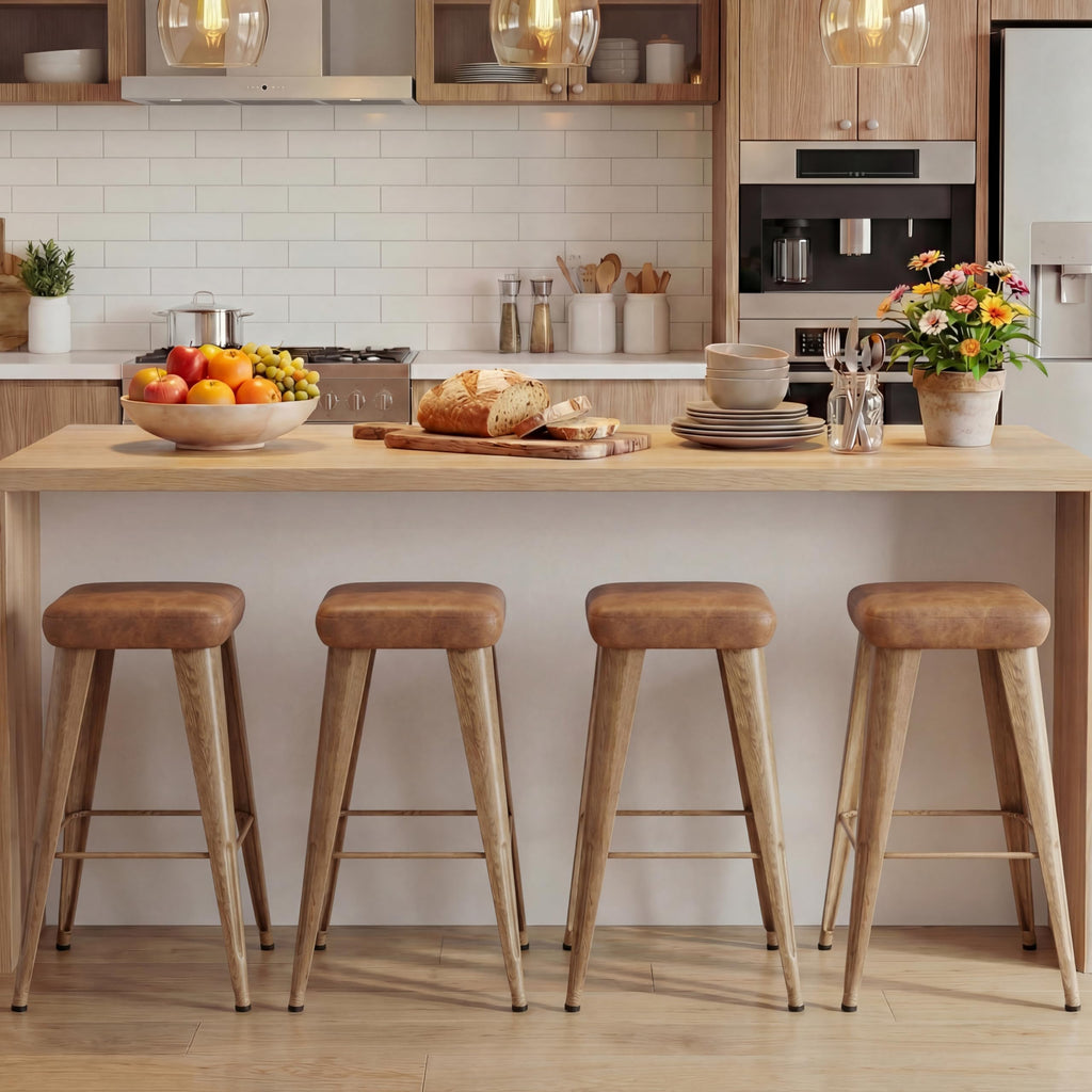 Backless Bar Stools Set of 4, 30" Walnut Brown Metal Barstools