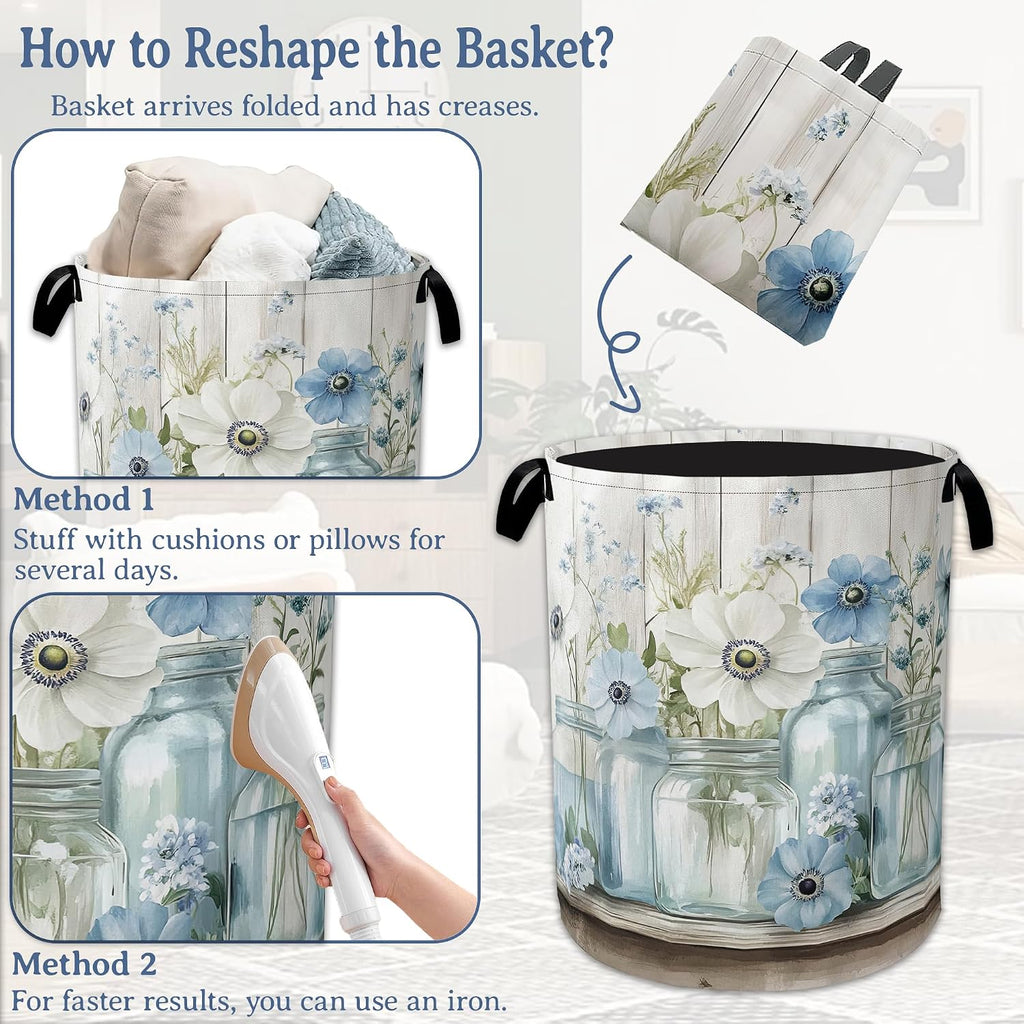 Flowers Laundry Basket,Foldable Oxford Cloth Vintage Wooden Board Laundry Hamper with Handles, 20.8"x16" Tote Bag